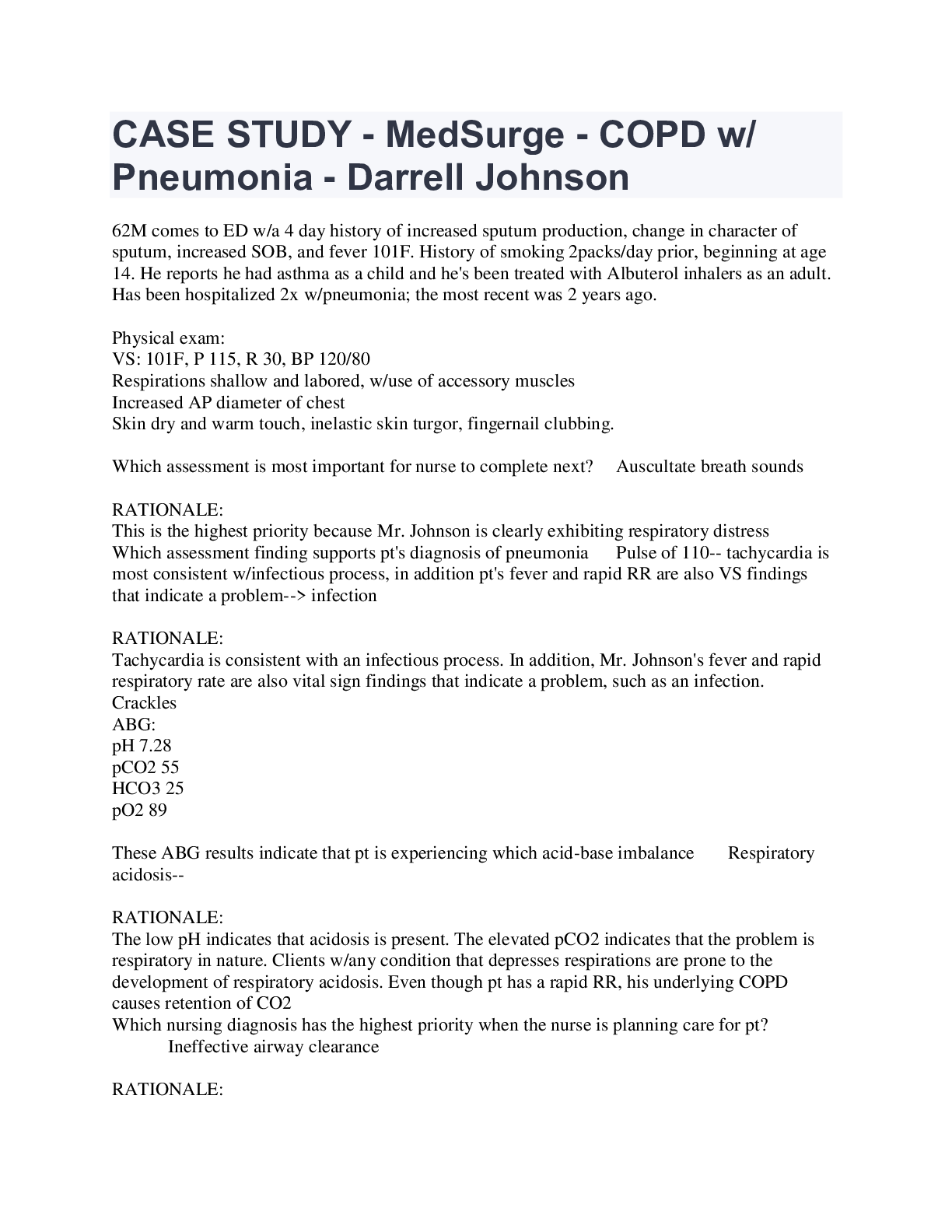 Preview image for CASE STUDY - MedSurge - COPD w/ Pneumonia - Darrell Johnson